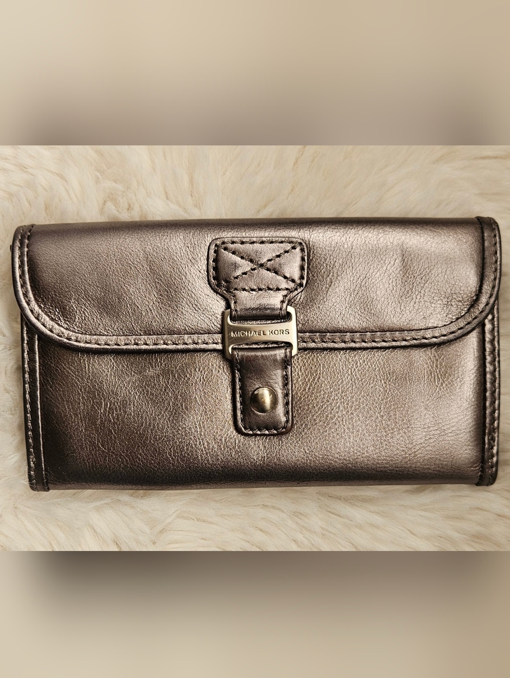 ​Michael Kors Vintage Astor Metallic Pewter Leather Flap Wallet - Y2K Era,
